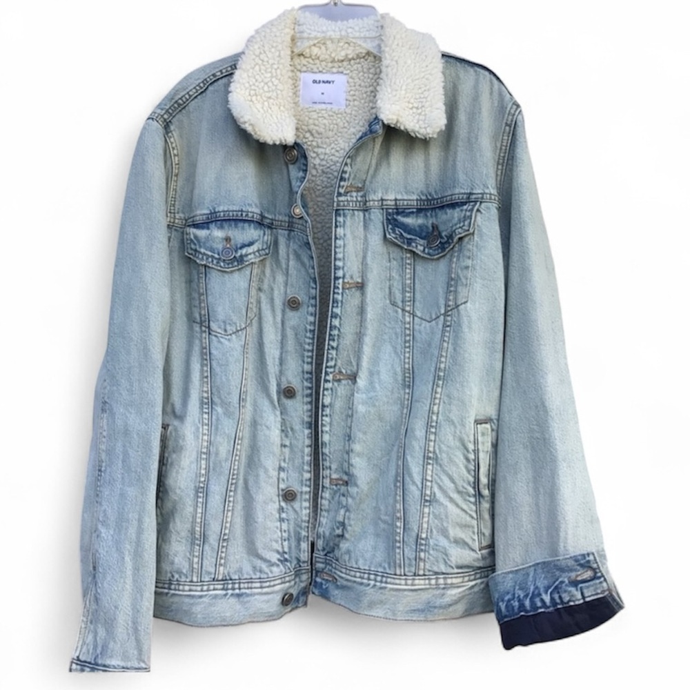 Vintage Old Navy Light Blue Denim Jacket with Cream Sherpa Lining Collar